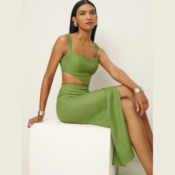 NWOT Reformation Satori Linen Dress in Avocado Green Sleeveless Maxi Size 8 - Picture 2 of 6